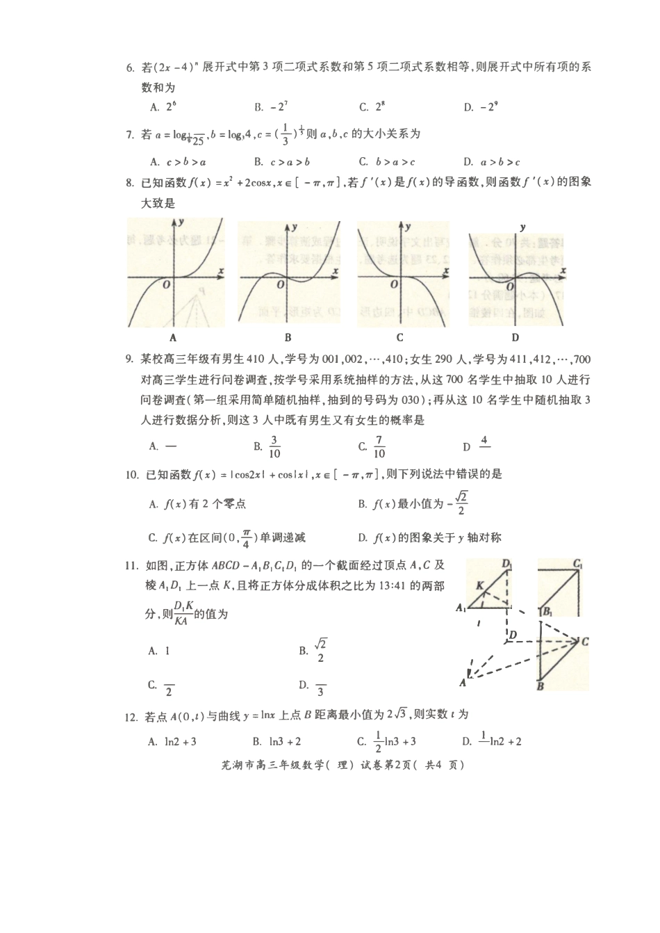安徽省芜湖市城南实验学校高三数学上学期期末考试试卷 理(PDF)试卷_第2页