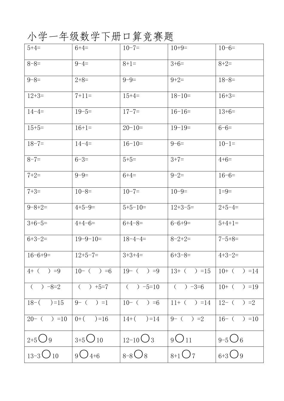 人教版小学一--六年级数学下册口算竞赛题汇编_第1页