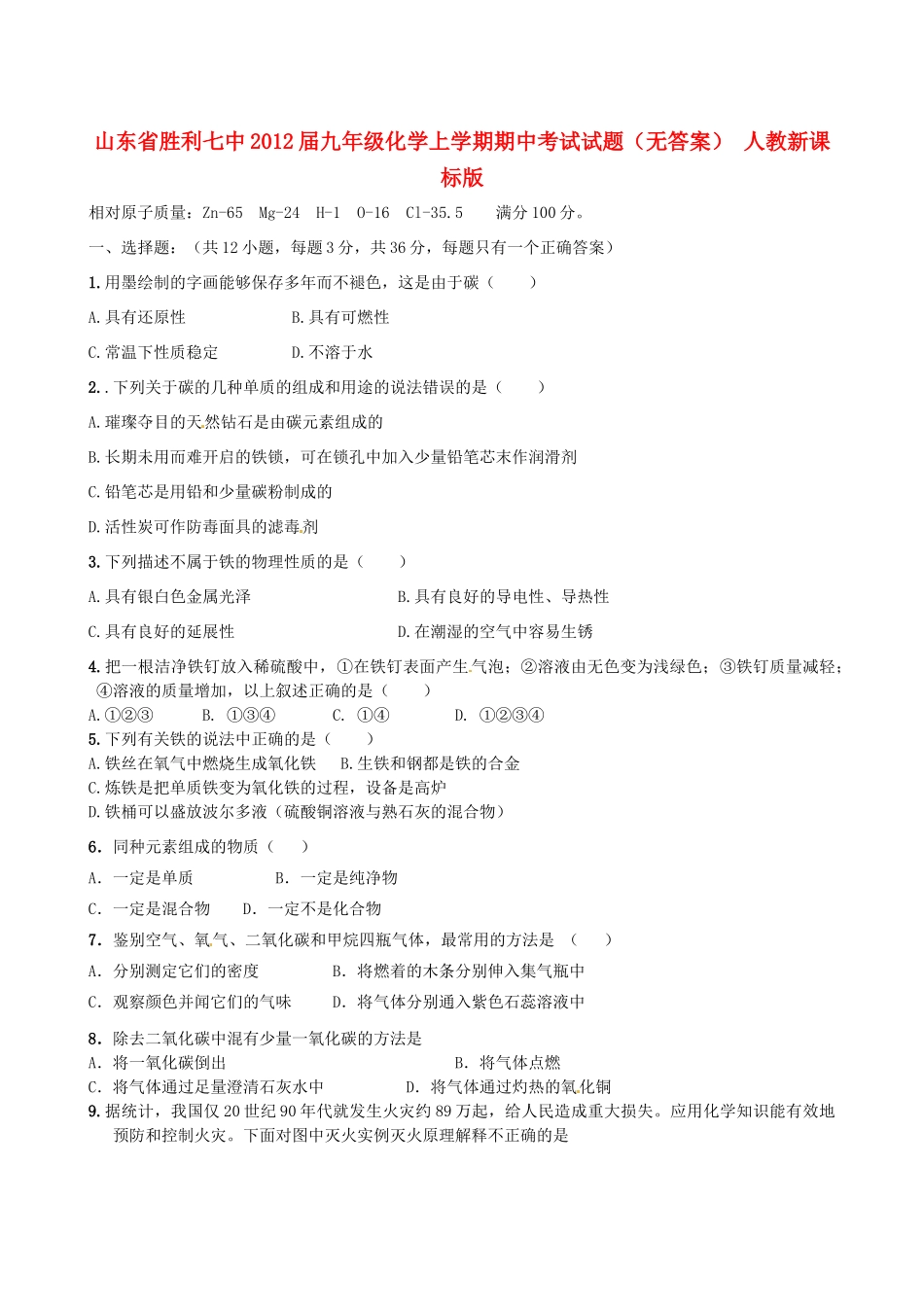 山东省胜利七中九年级化学上学期期中考试试卷 人教新课标版试卷_第1页