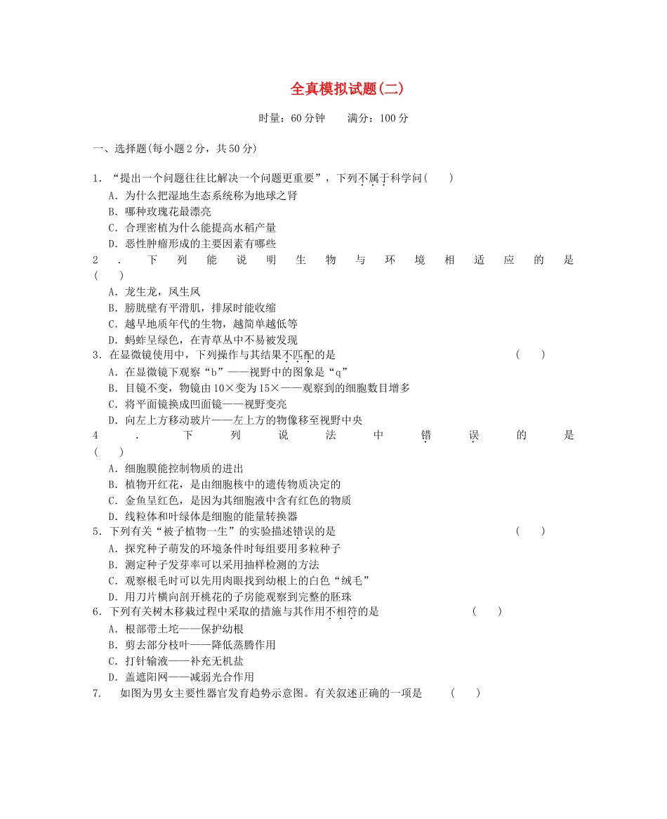 中考生物一轮复习 全真模拟试卷二 新人教版试卷_第1页