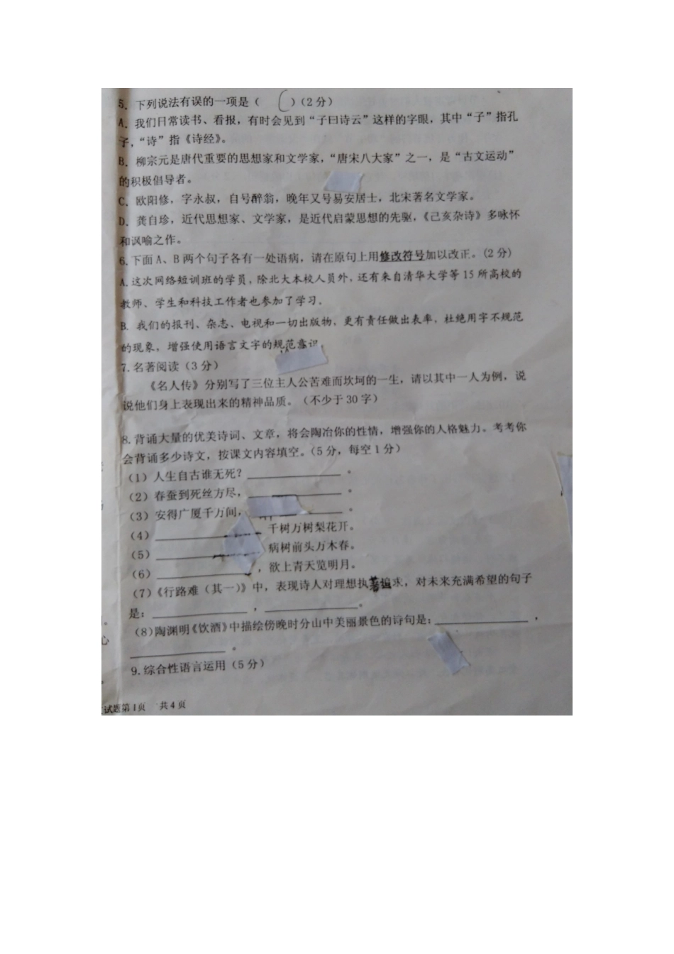 山东省德州市 八年级语文下学期期末考试试卷新人教版试卷_第2页