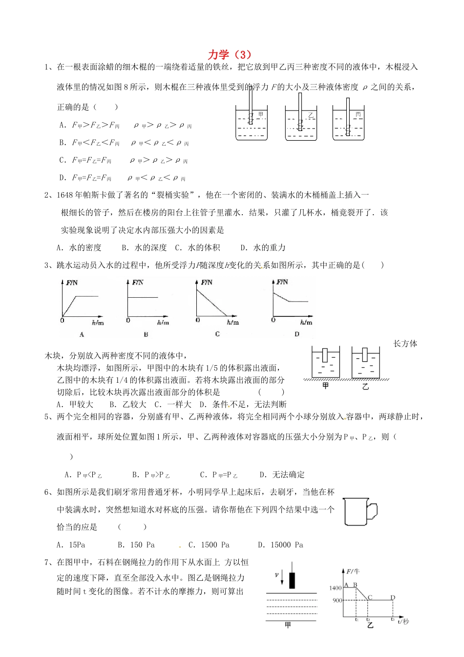 中考物理专题复习 力学(三，无答案)试卷_第1页