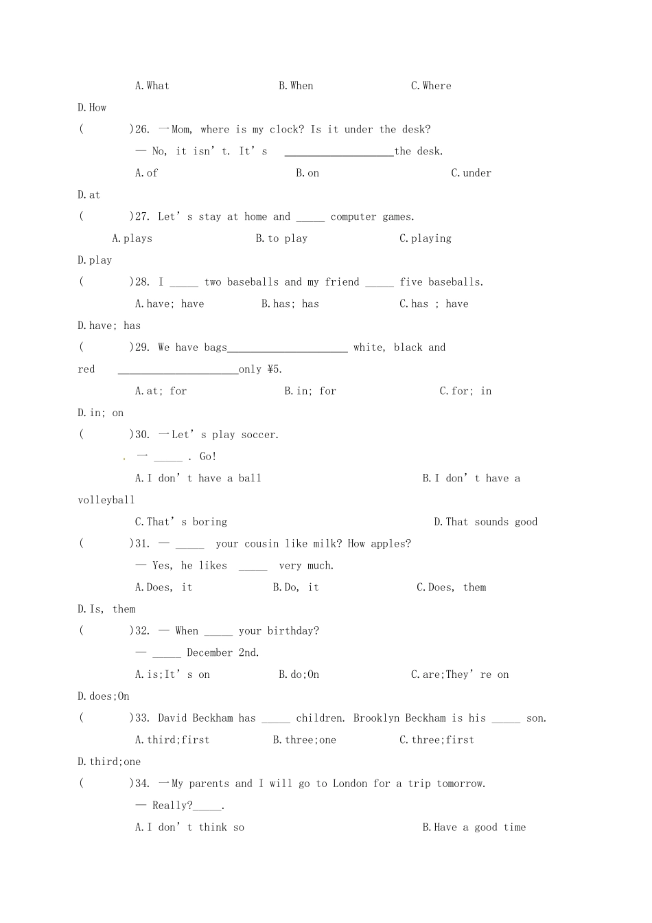 山东省曹县七年级英语上学期(1月)期末模拟考试试卷 人教新目标版试卷_第3页