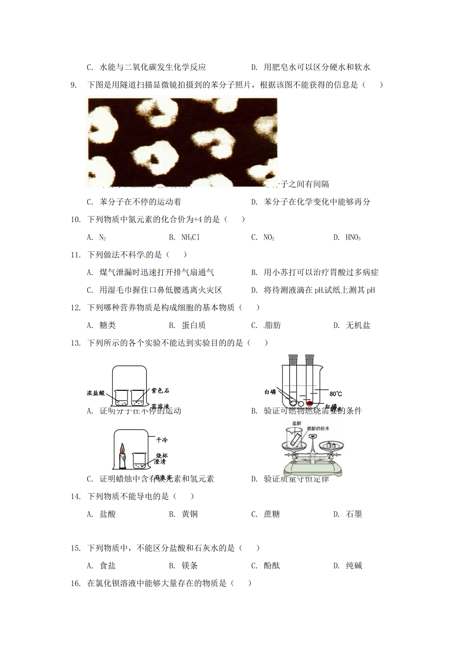 九年级化学毕业学业考试模拟试卷试卷_第2页
