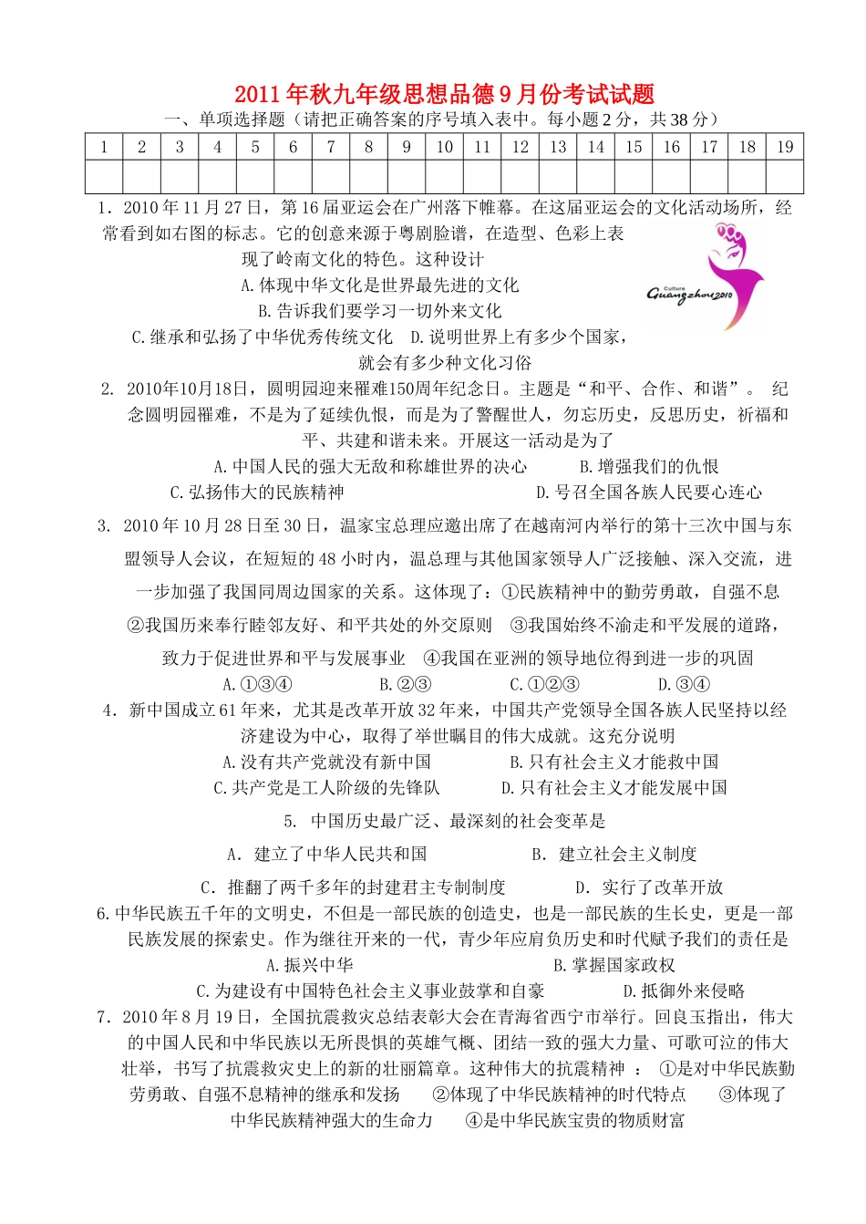 九年级思想品德下学期月考试卷 教科版试卷_第1页