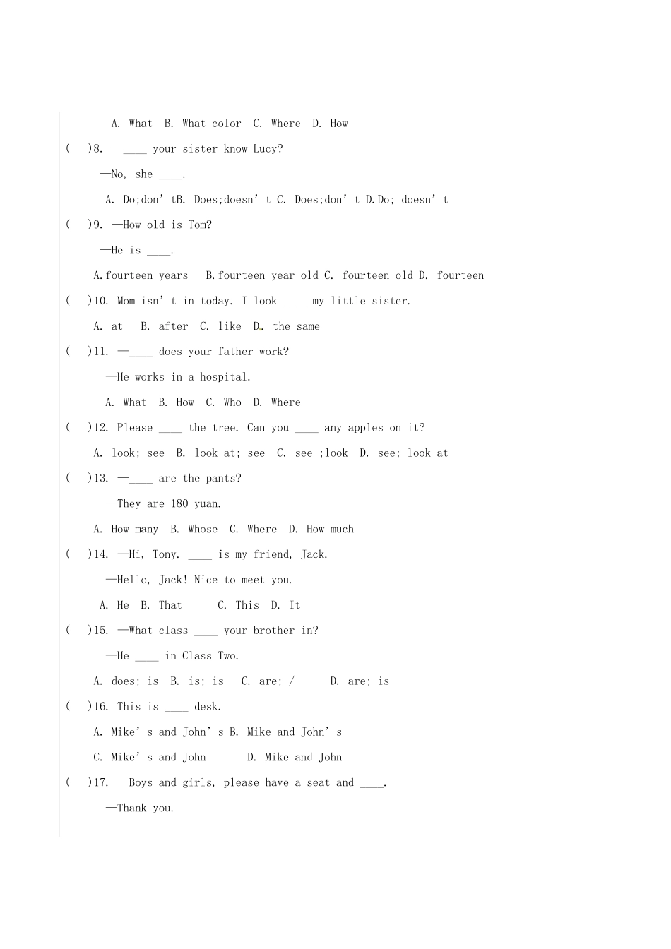 内蒙古省赤峰市七年级英语第一学期期末测试试题(无答案) 人教新目标版 试题_第3页