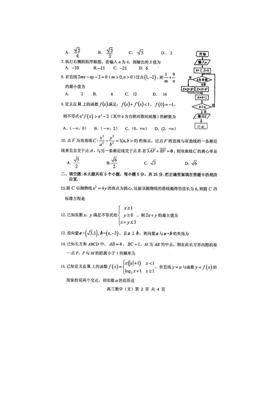 山东省烟台市栖霞二中高考数学适应性测试试卷(一)文(扫描版，无答案)试卷_第2页