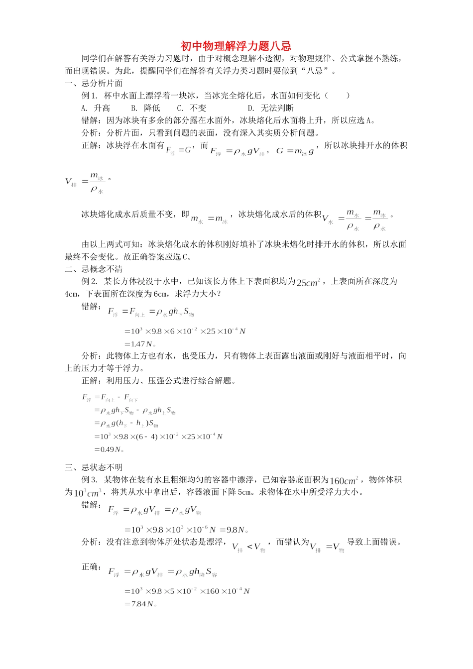 初中物理解浮力题八忌 学法指导 不分版本 试题_第1页