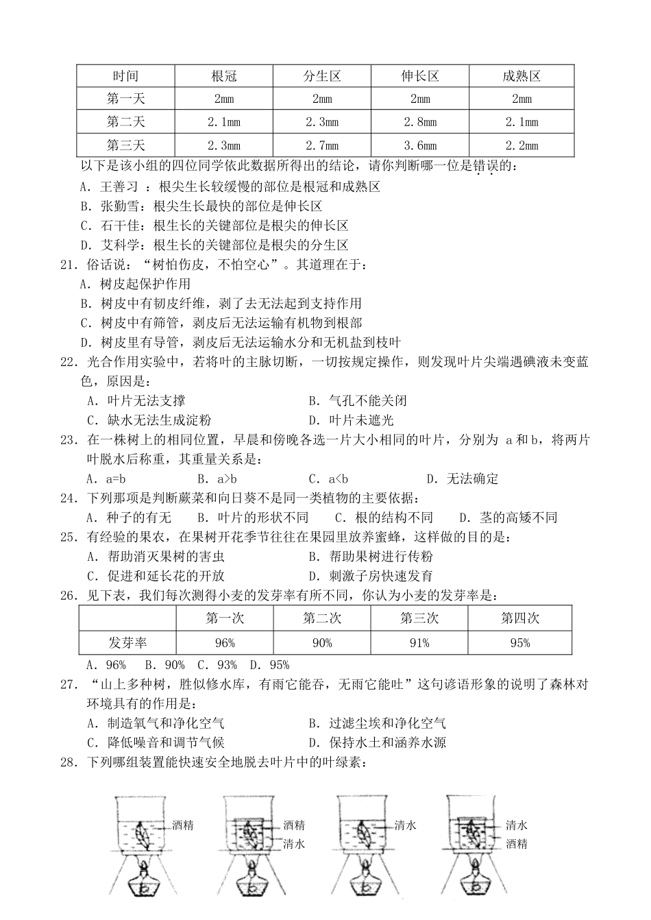 山东省桓台初一生物第二学期期末考试卷_第3页