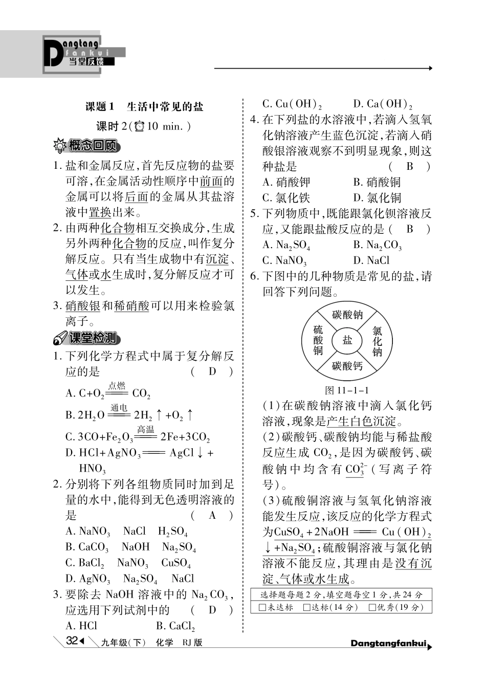 九年级化学下册 第11单元 盐 化肥当堂反馈(pdf)(新版)新人教版试卷_第2页