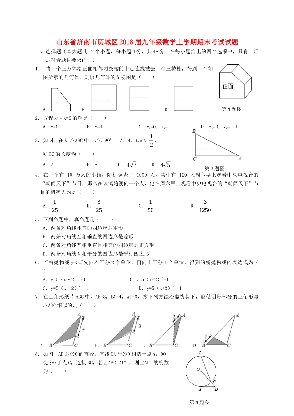 山东省济南市历城区九年级数学上学期期末考试试卷 新人教版试卷_第1页