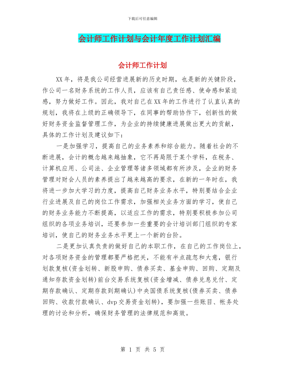 会计师工作计划与会计年度工作计划汇编_第1页