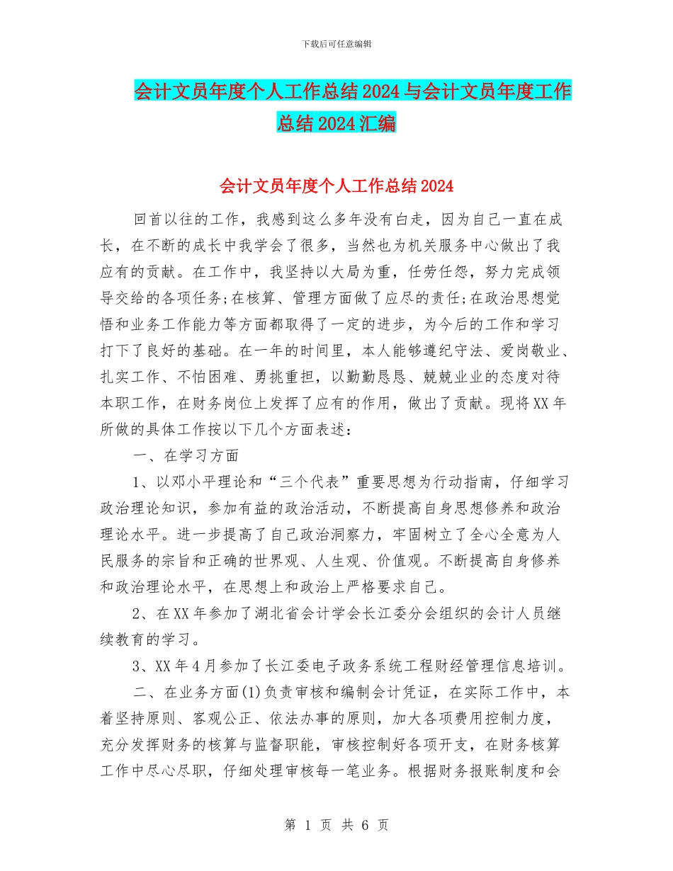 会计文员年度个人工作总结2024与会计文员年度工作总结2024汇编_第1页