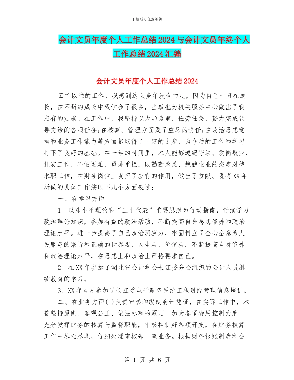 会计文员年度个人工作总结2024与会计文员年终个人工作总结2024汇编_第1页