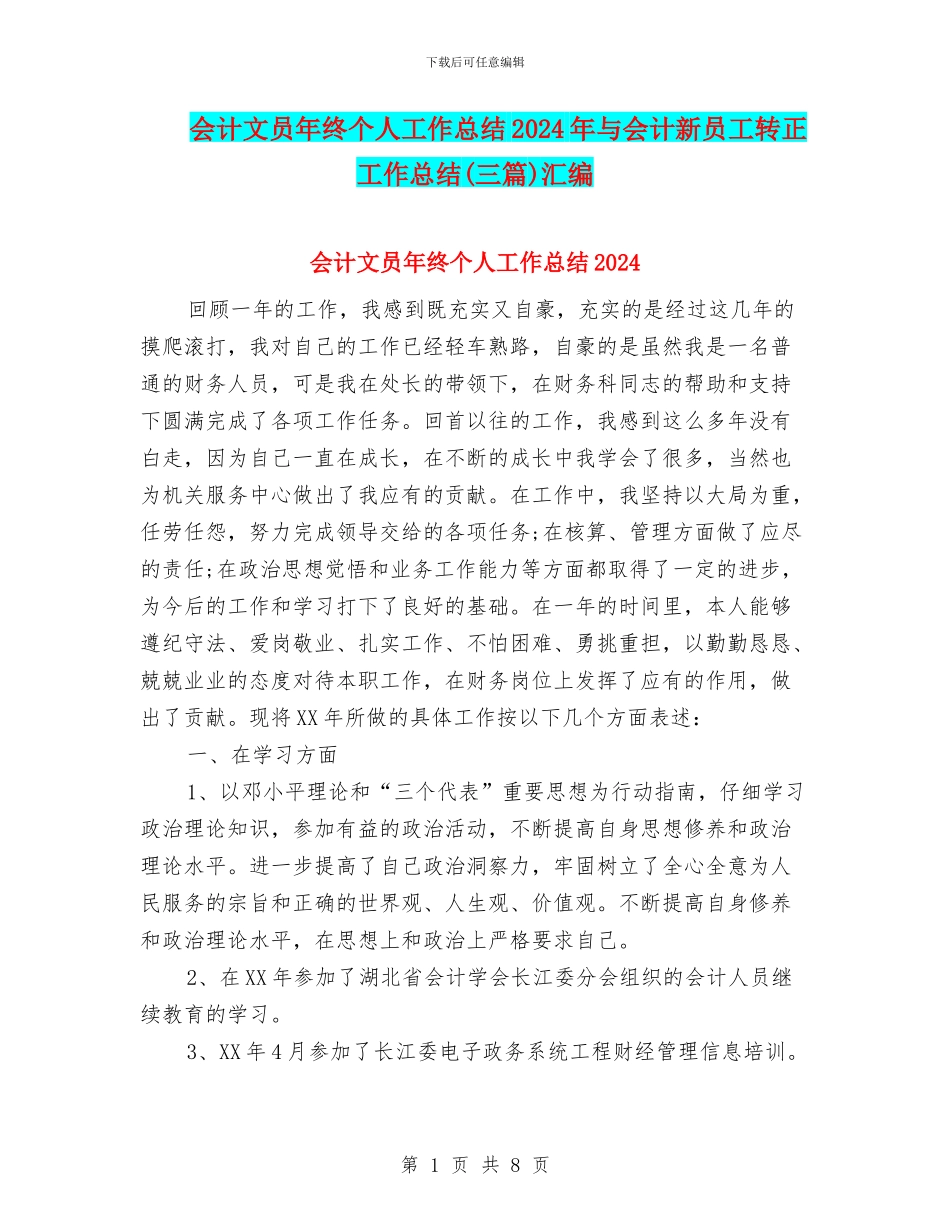 会计文员年终个人工作总结2024年与会计新员工转正工作总结汇编_第1页