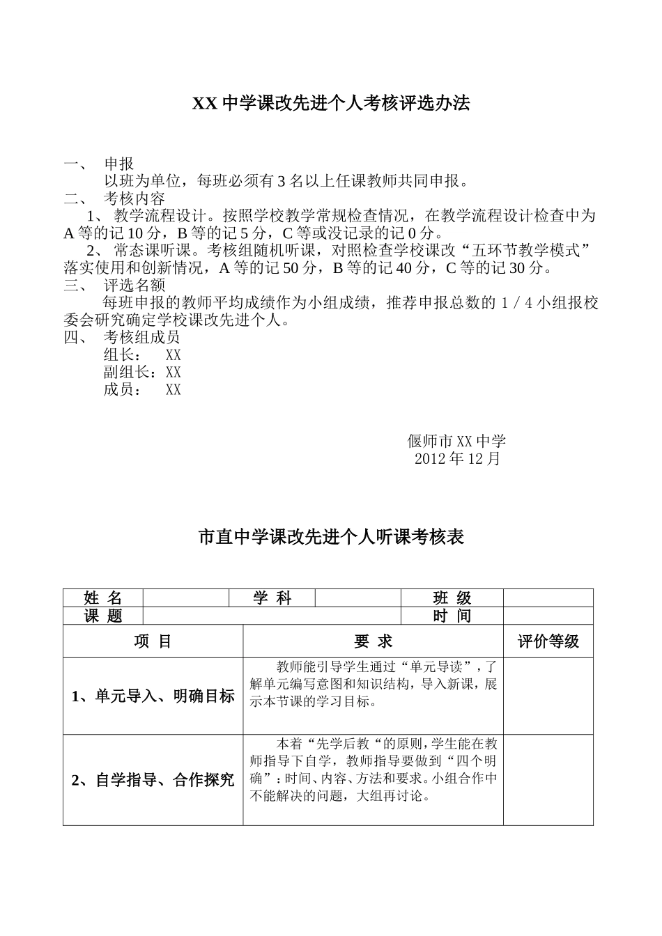 XX中学课改先进个人评选办法_第1页