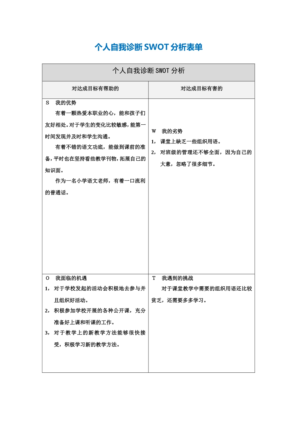 曾秋珑个人自我诊断SWOT分析表_第1页