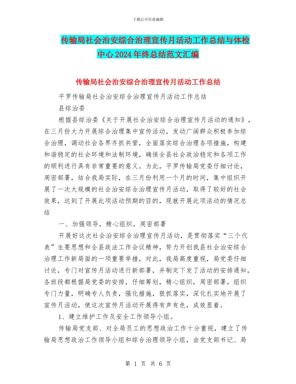 传输局社会治安综合治理宣传月活动工作总结与体检中心2024年终总结范文汇编_第1页