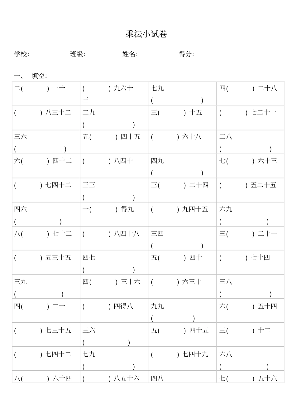 九九乘法口诀练习题A4修改版可直接打印整理版_第1页
