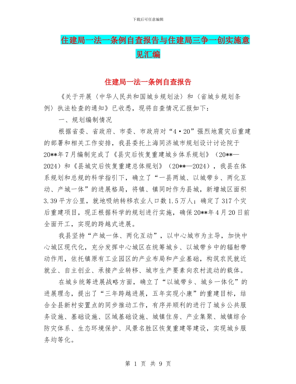 住建局一法一条例自查报告与住建局三争一创实施意见汇编_第1页