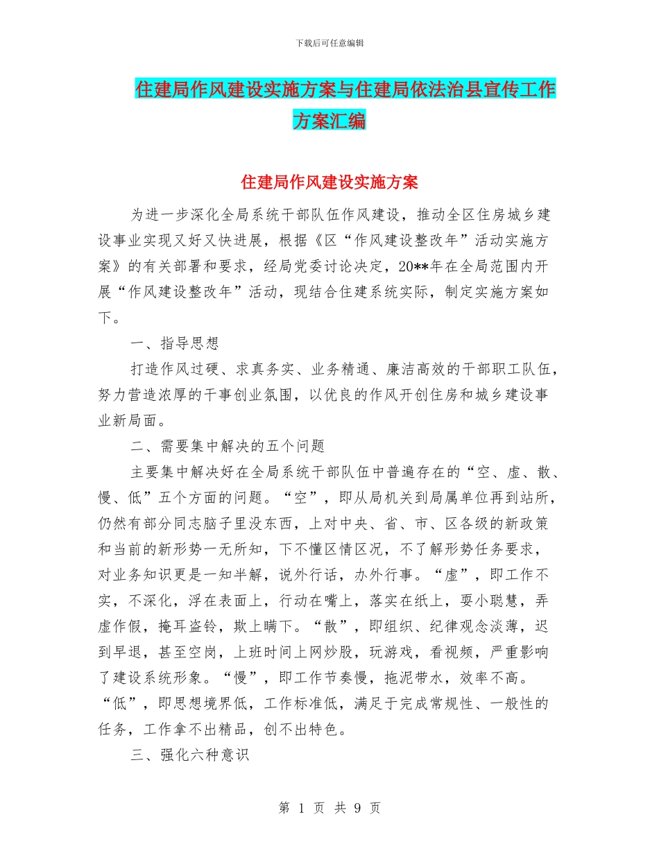 住建局作风建设实施方案与住建局依法治县宣传工作方案汇编_第1页