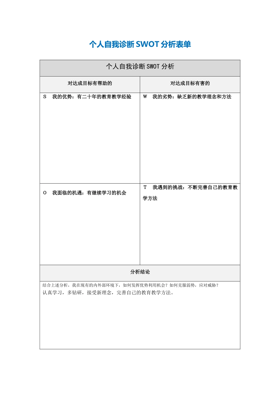 第一步骤所需文档：个人自我诊断SWOT分析表(2)_第1页