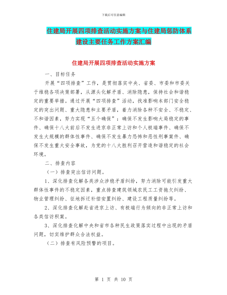 住建局开展四项排查活动实施方案与住建局惩防体系建设主要任务工作方案汇编_第1页