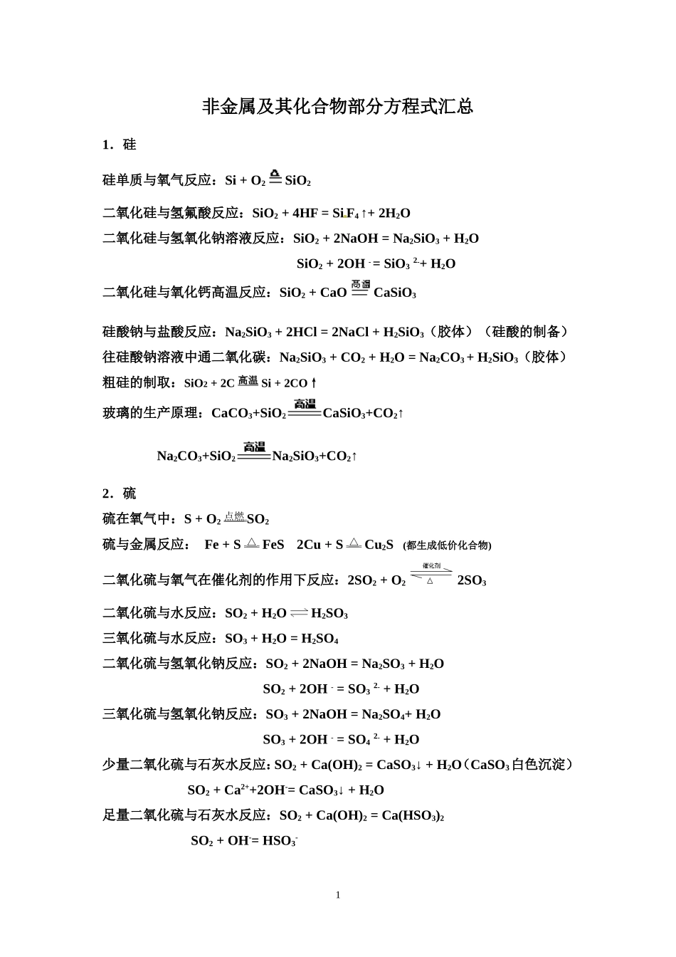 非金属及其化合物部分方程式汇总_第1页