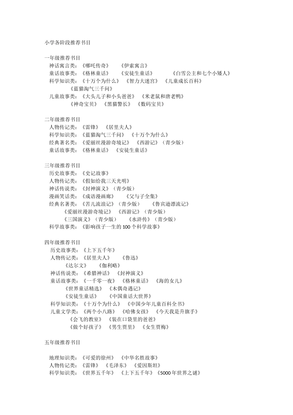 小学各阶段推荐书目_第1页
