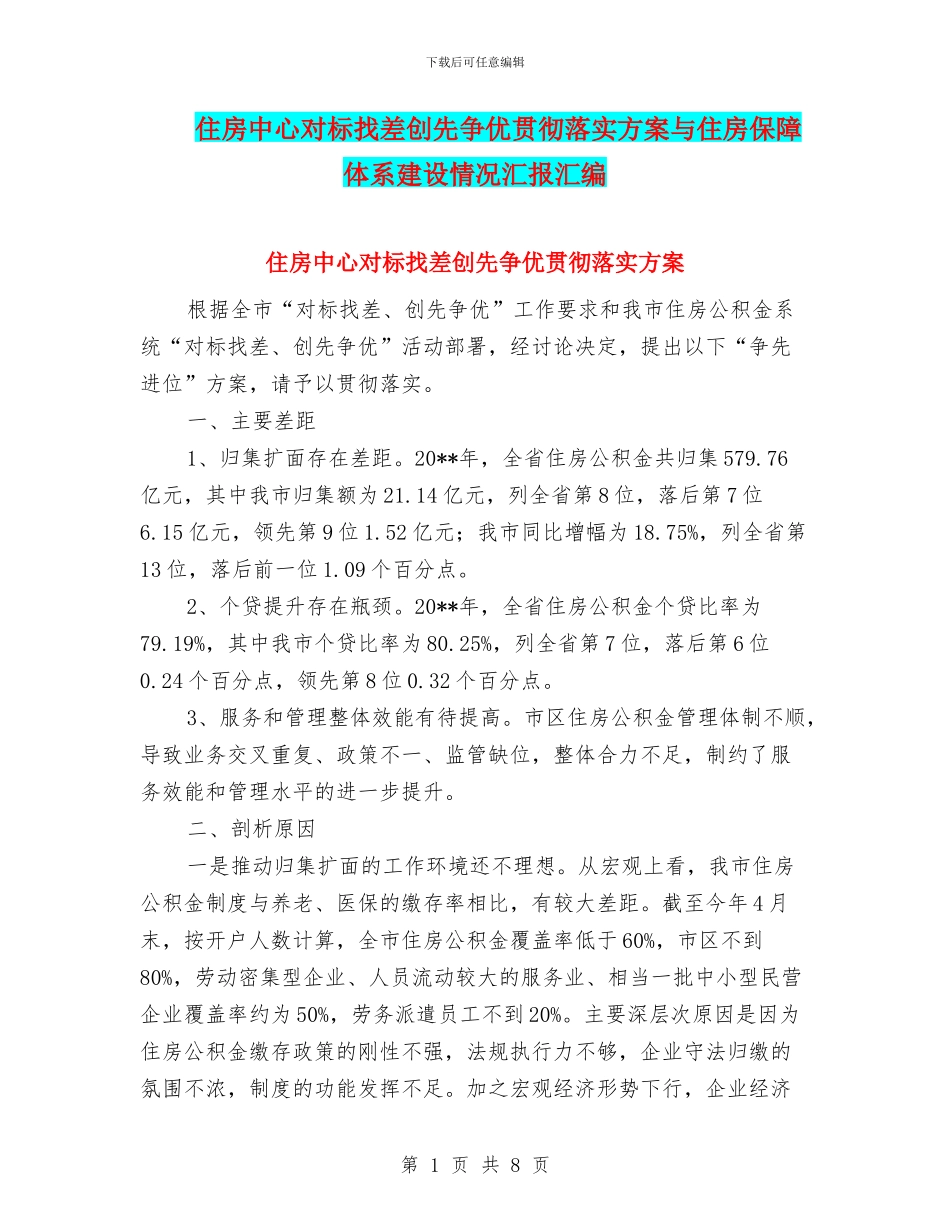 住房中心对标找差创先争优贯彻落实方案与住房保障体系建设情况汇报汇编_第1页