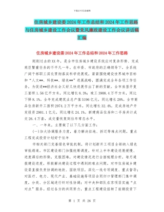 住房城乡建设委2024年工作总结和2024年工作思路与住房城乡建设工作会议暨党风廉政建设工作会议讲话稿汇编