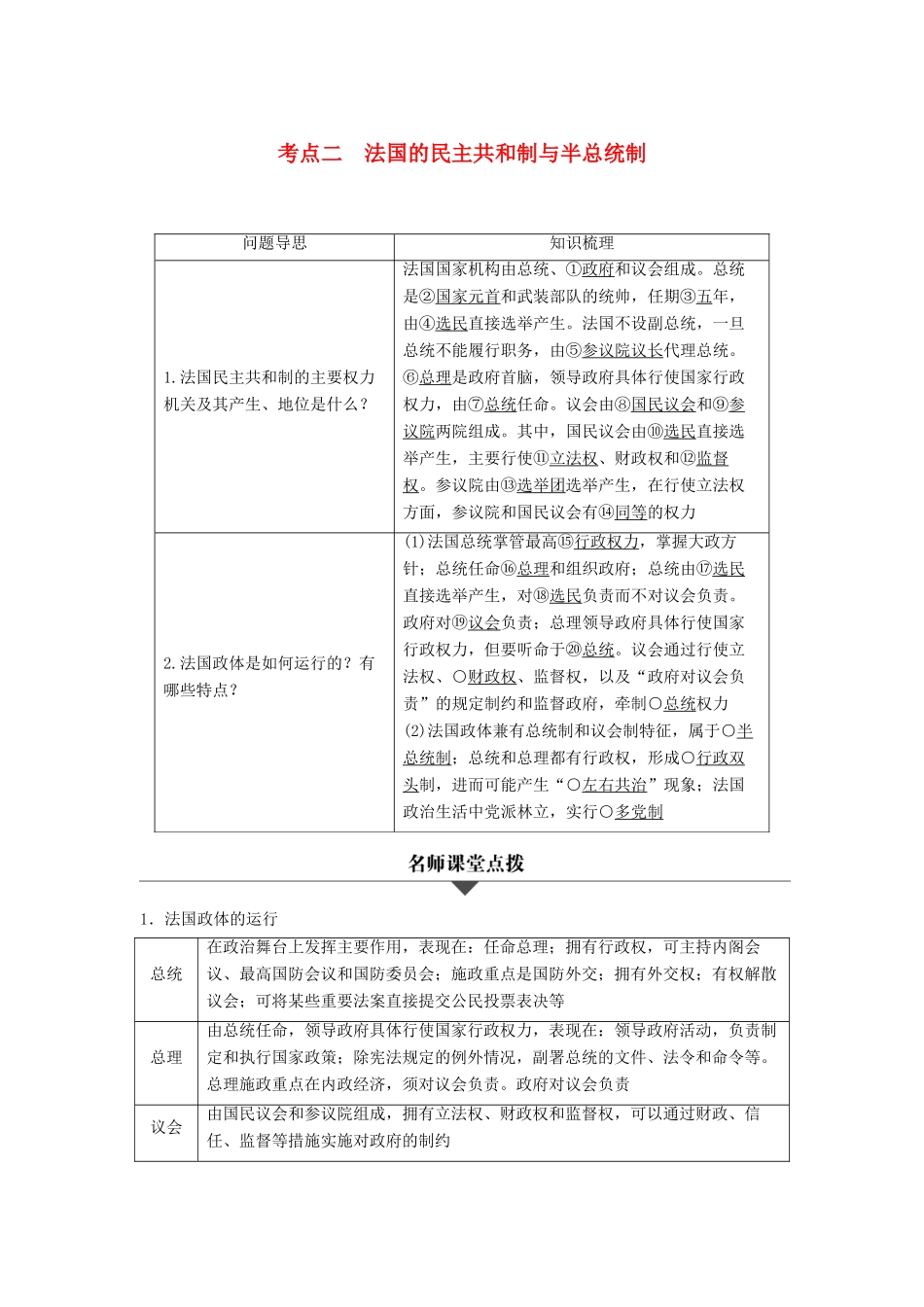 （浙江专用）高考政治二轮复习 专题十八 君主立宪制和民主共和制：以英国和法国为例 考点二 法国的民主共和制与半总统制试题-人教版高三全册政治试题_第1页
