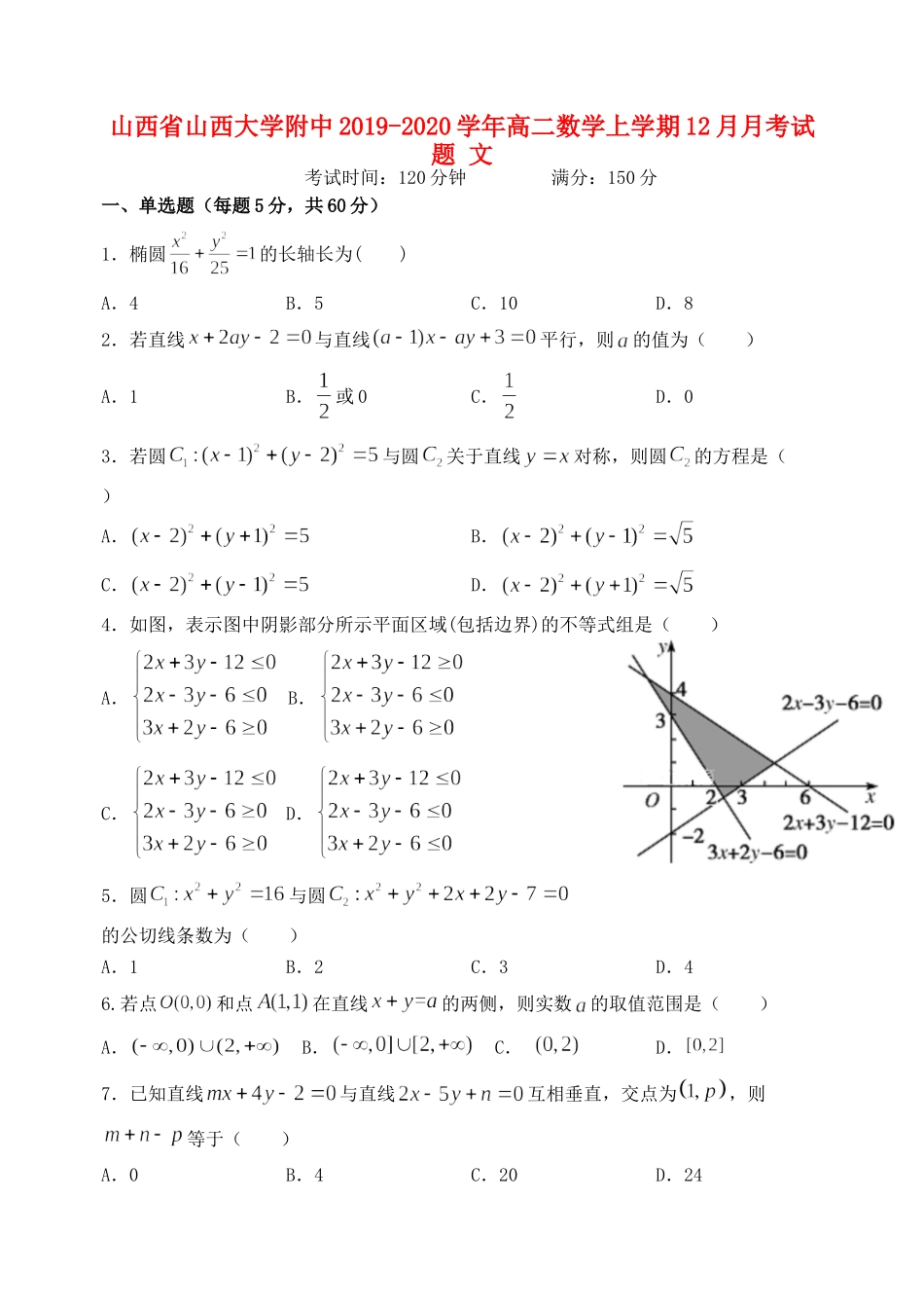 大学附中 高二数学上学期12月月考试卷 文试卷_第1页