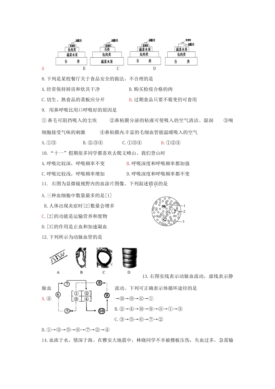 山东省临沂市兰陵县七年级生物下学期期末考试试卷试卷_第2页