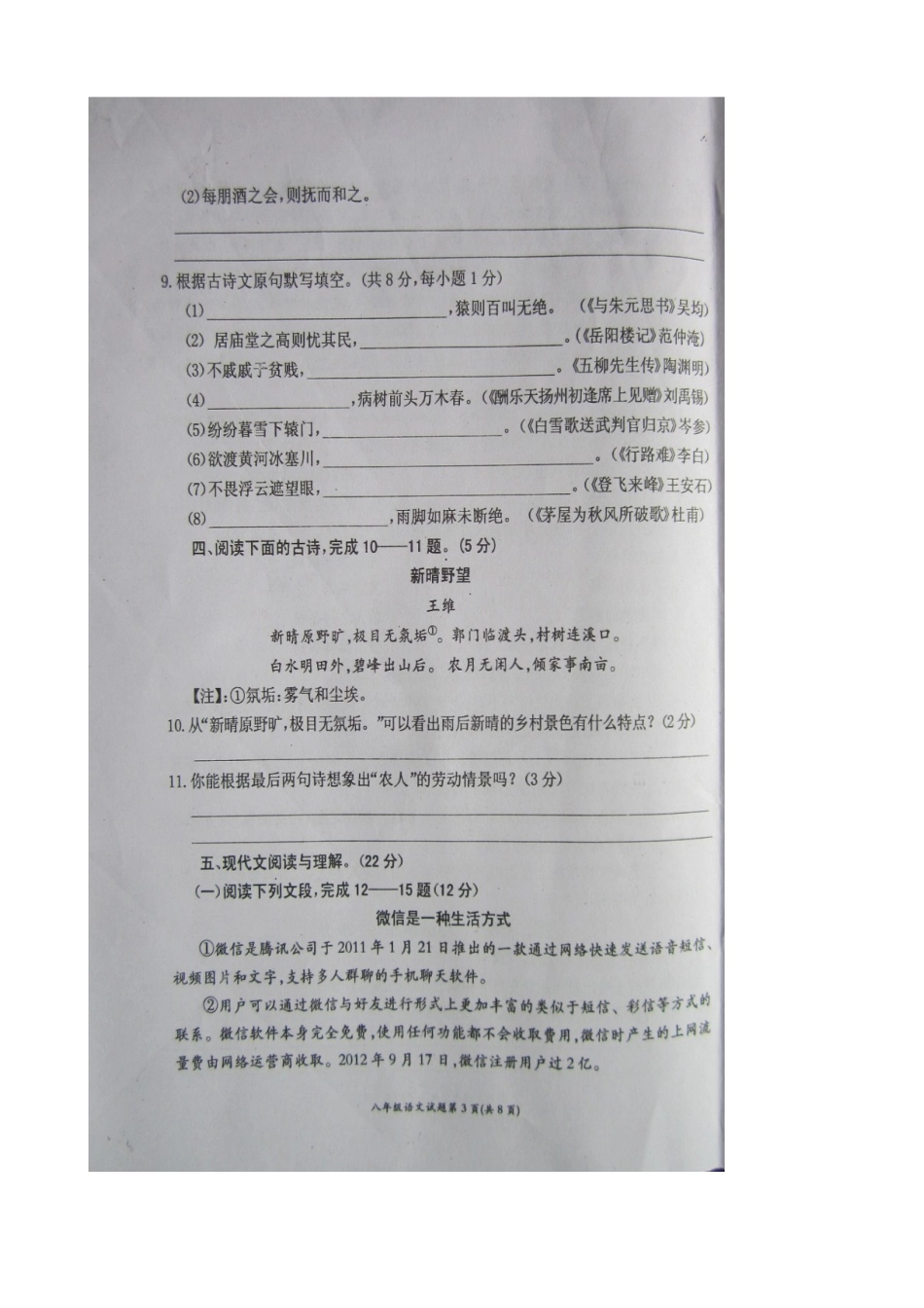 四川省广元市苍溪县 八年级语文下学期期末教学质量检测试卷 新人教版试卷_第3页