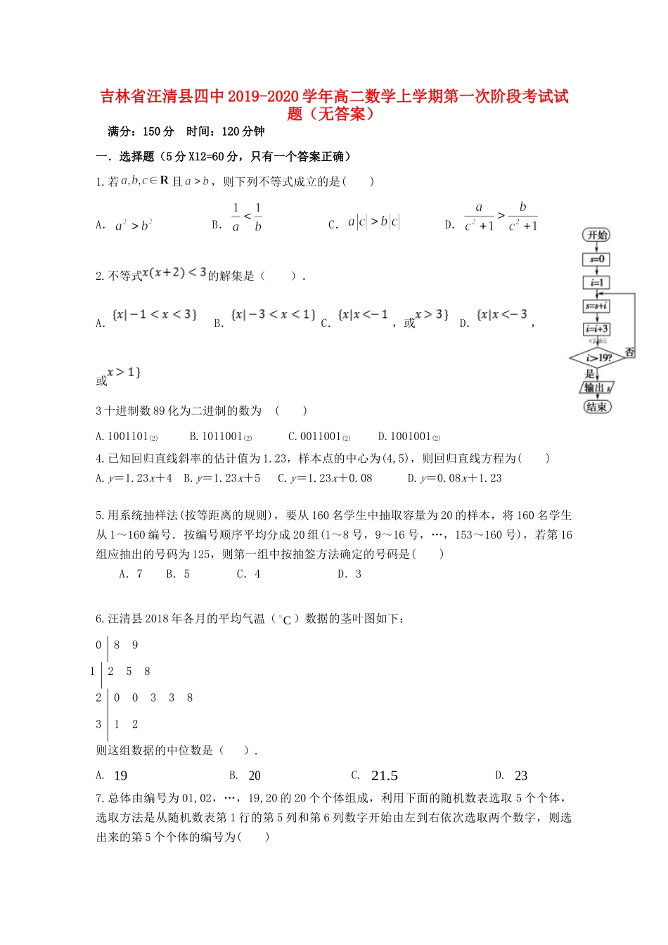 吉林省汪清县四中 高二数学上学期第一次阶段考试试卷_第1页