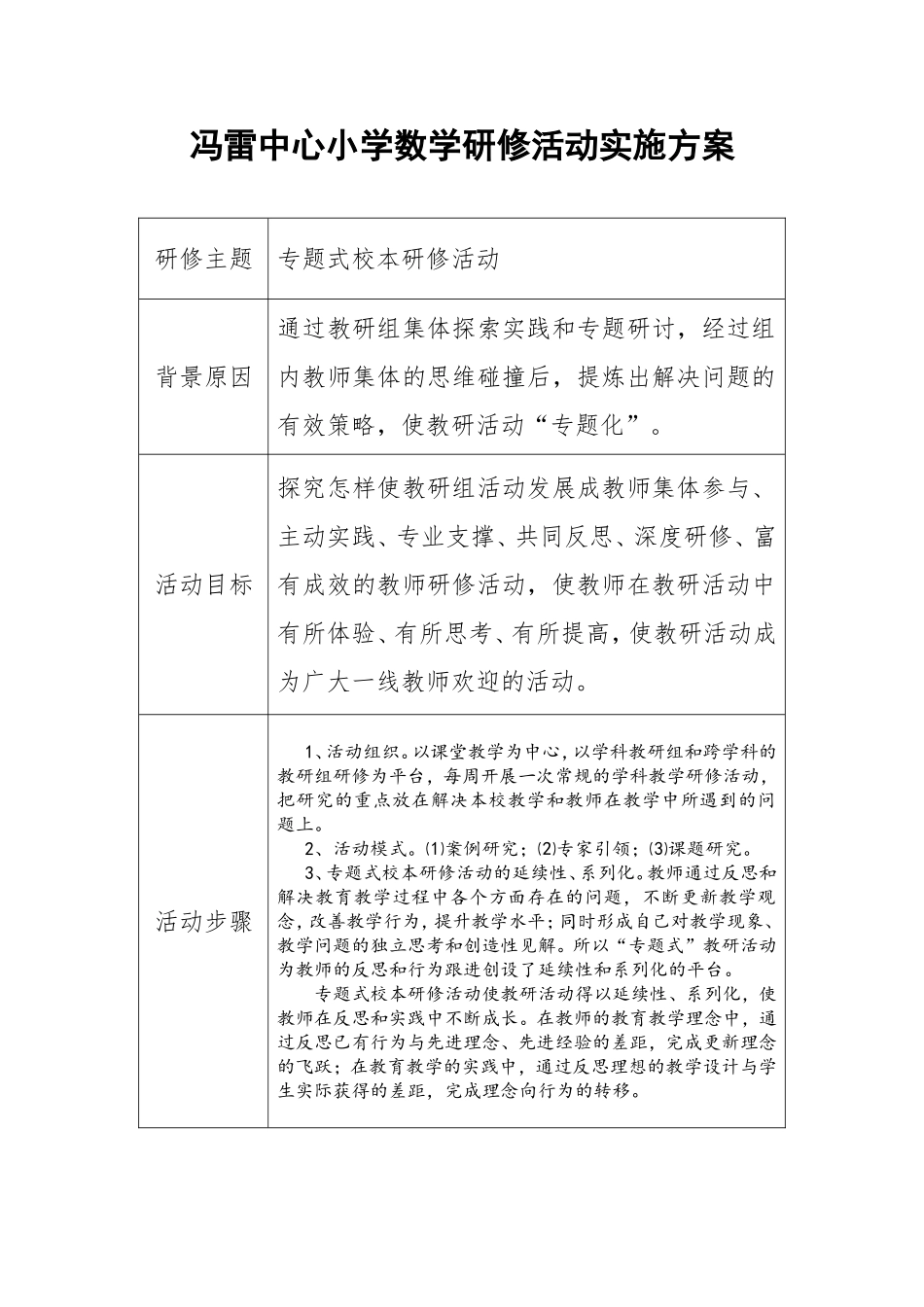 冯雷中心小学数学研修活动实施方案1_第1页