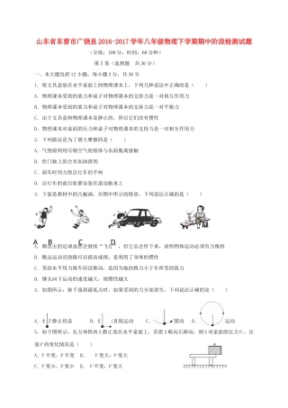 山东省东营市广饶县 八年级物理下学期期中阶段检测试卷(五四制)试卷
