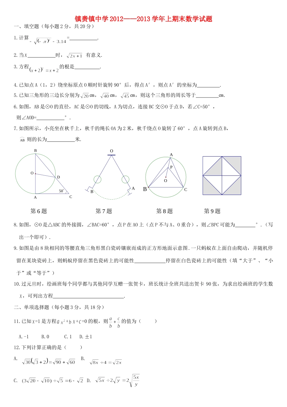 吉林省镇赉县镇赉镇-九年级数学上学期期末试卷 新人教版试卷_第1页