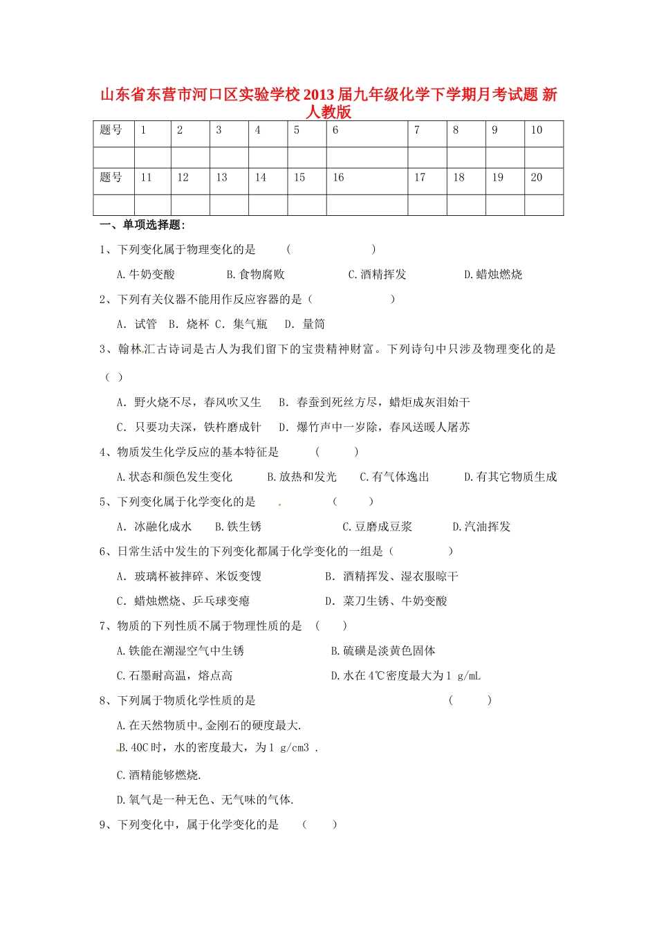 九年级化学下学期月考试卷 新人教版试卷_第1页
