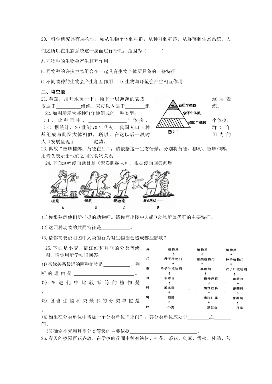 中考生物复习课外作业  生命系统的构成层次 试卷_第3页