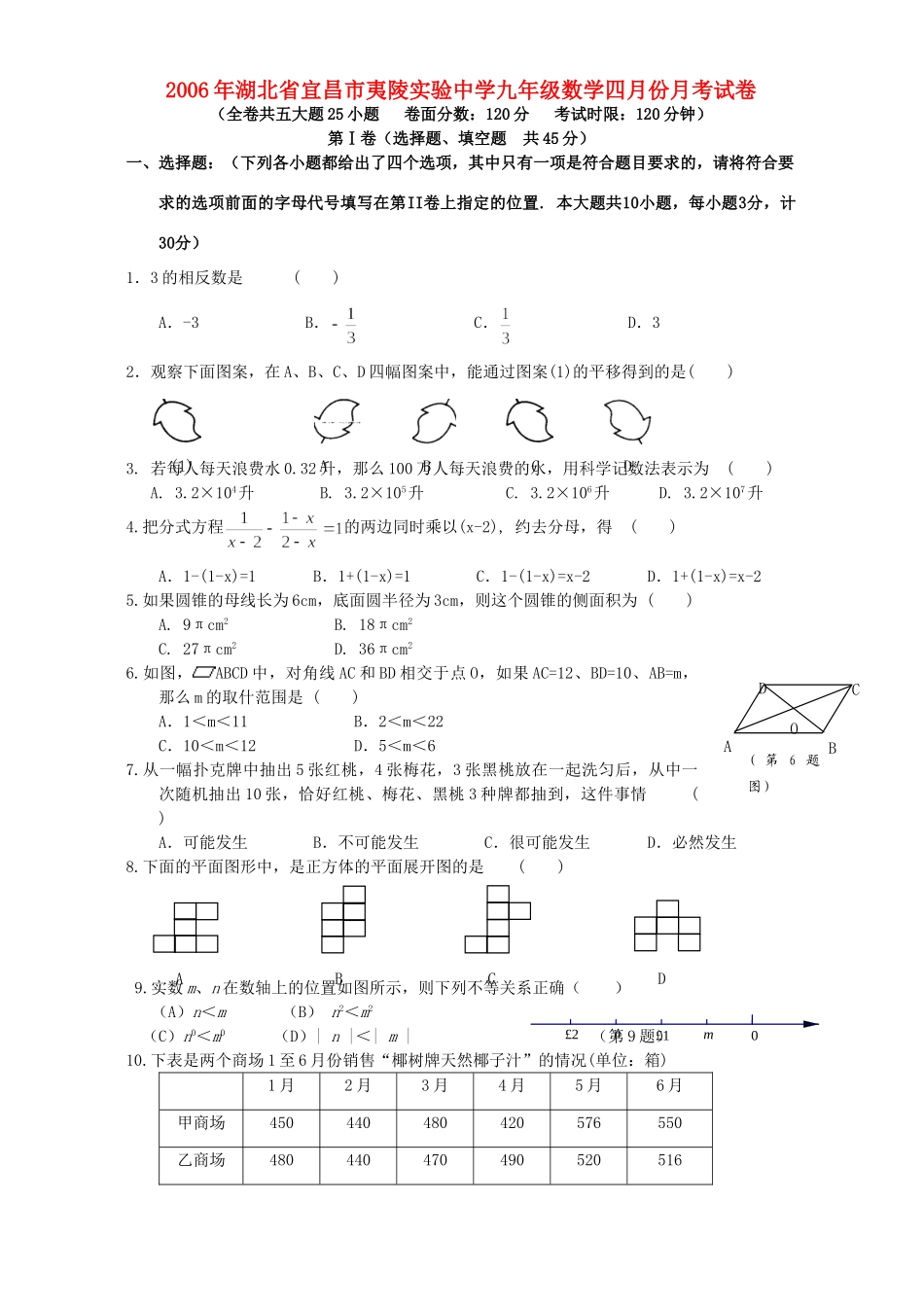 九年级数学四月份月考试卷试卷_第1页