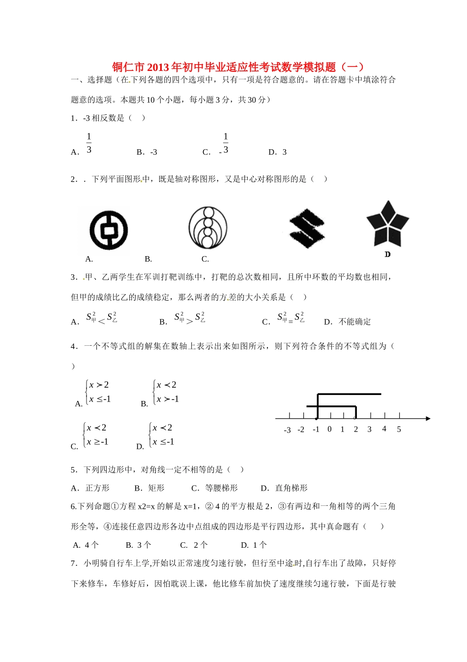 九年级数学适应性考试模拟题(一) 新人教版试卷_第1页