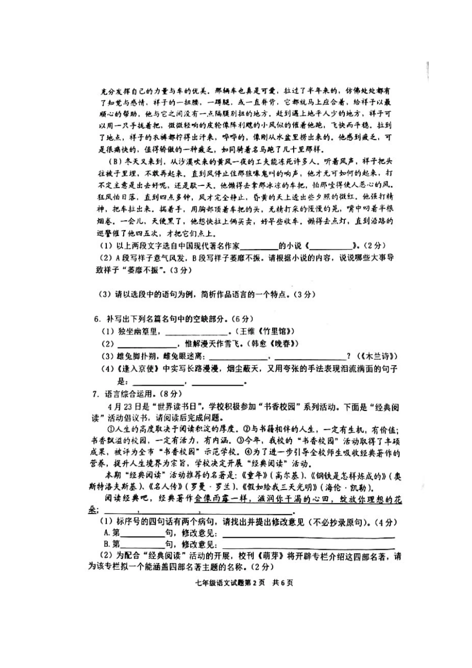 山东省临沂市河东区七年级语文下学期期中质量调研试卷试卷_第2页