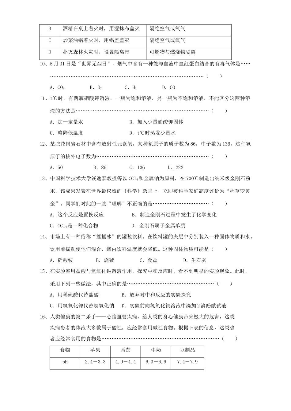 初三化学第一次模拟考试 新课标 试题_第2页