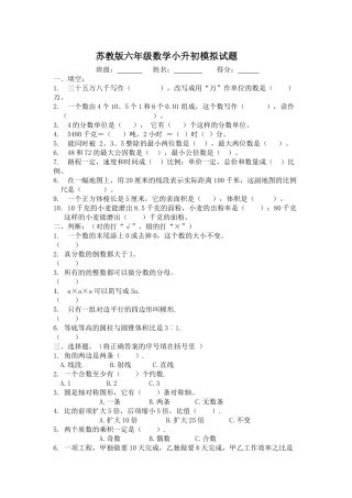 苏教版六年级数学小升初模拟试题