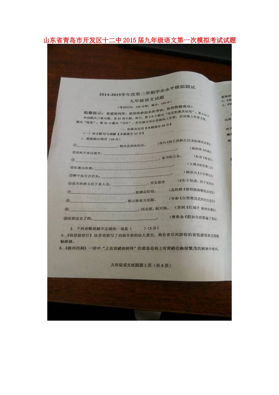 山东省青岛市开发区十二中九年级语文第一次模拟考试试卷试卷_第1页