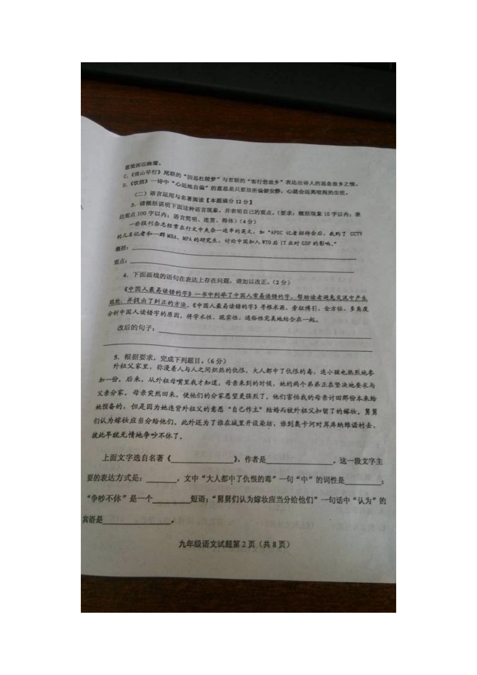 山东省青岛市开发区十二中九年级语文第一次模拟考试试卷试卷_第2页