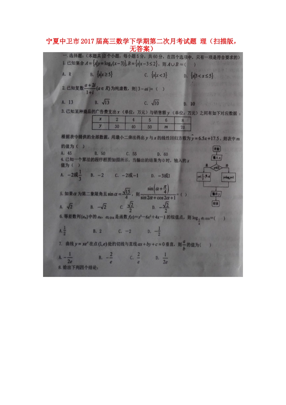 宁夏中卫市高三数学下学期第二次月考试卷 理(扫描版，无答案)试卷_第1页