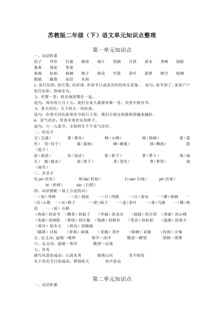 苏教版二下1-4单元知识集锦_第1页